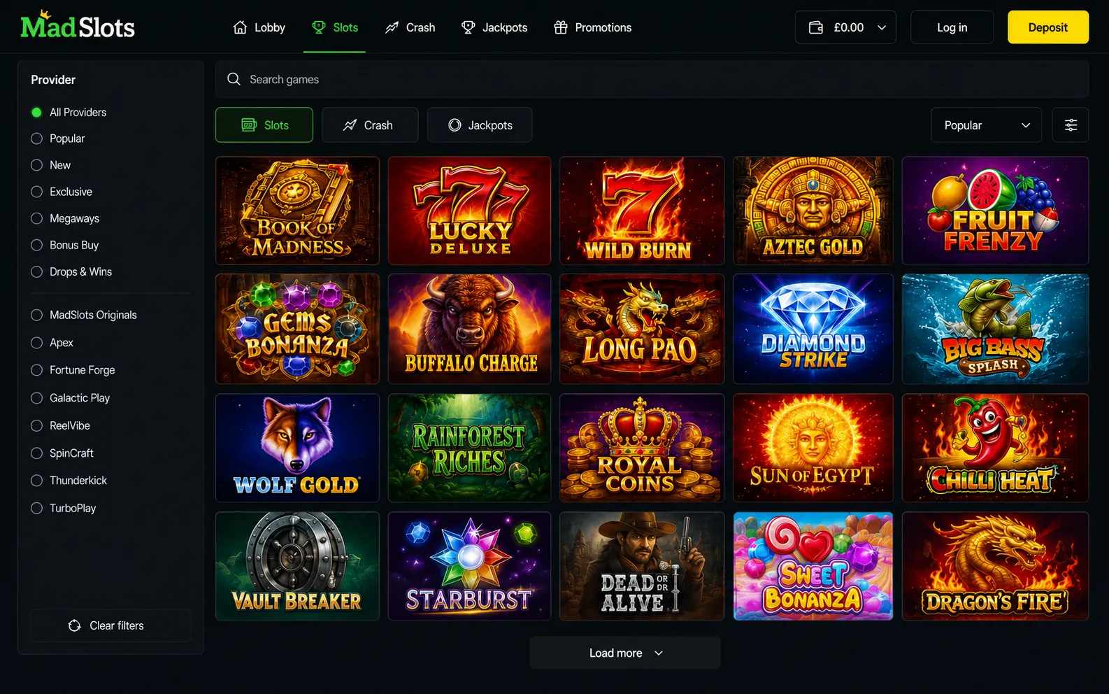 Casino games available at MadSlots